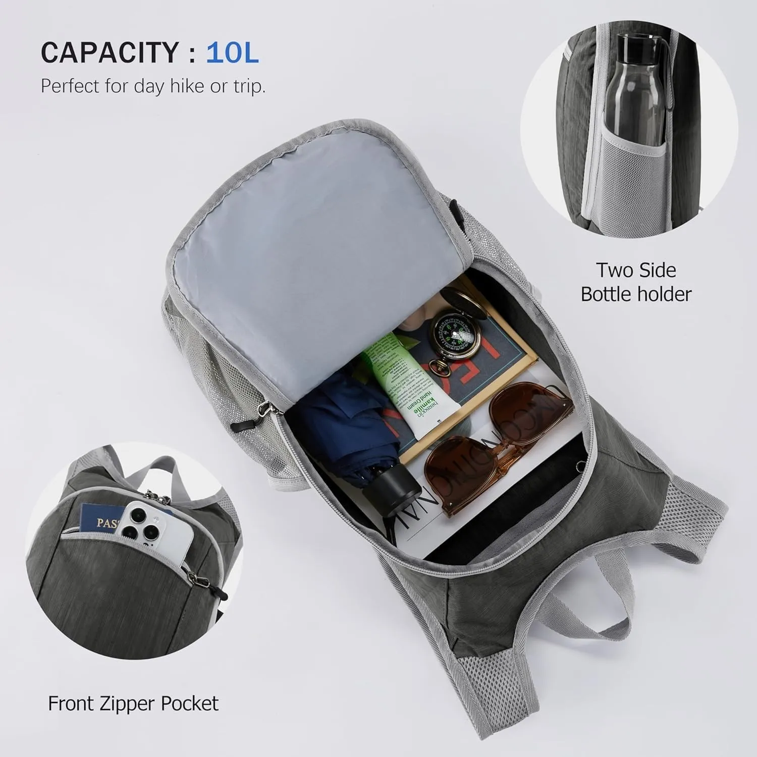 10L Small Hiking Backpack Foldable Lightweight Travel Daypack Packable Hiking Camping Gym Pack for Women Men Daily Use (Grey)