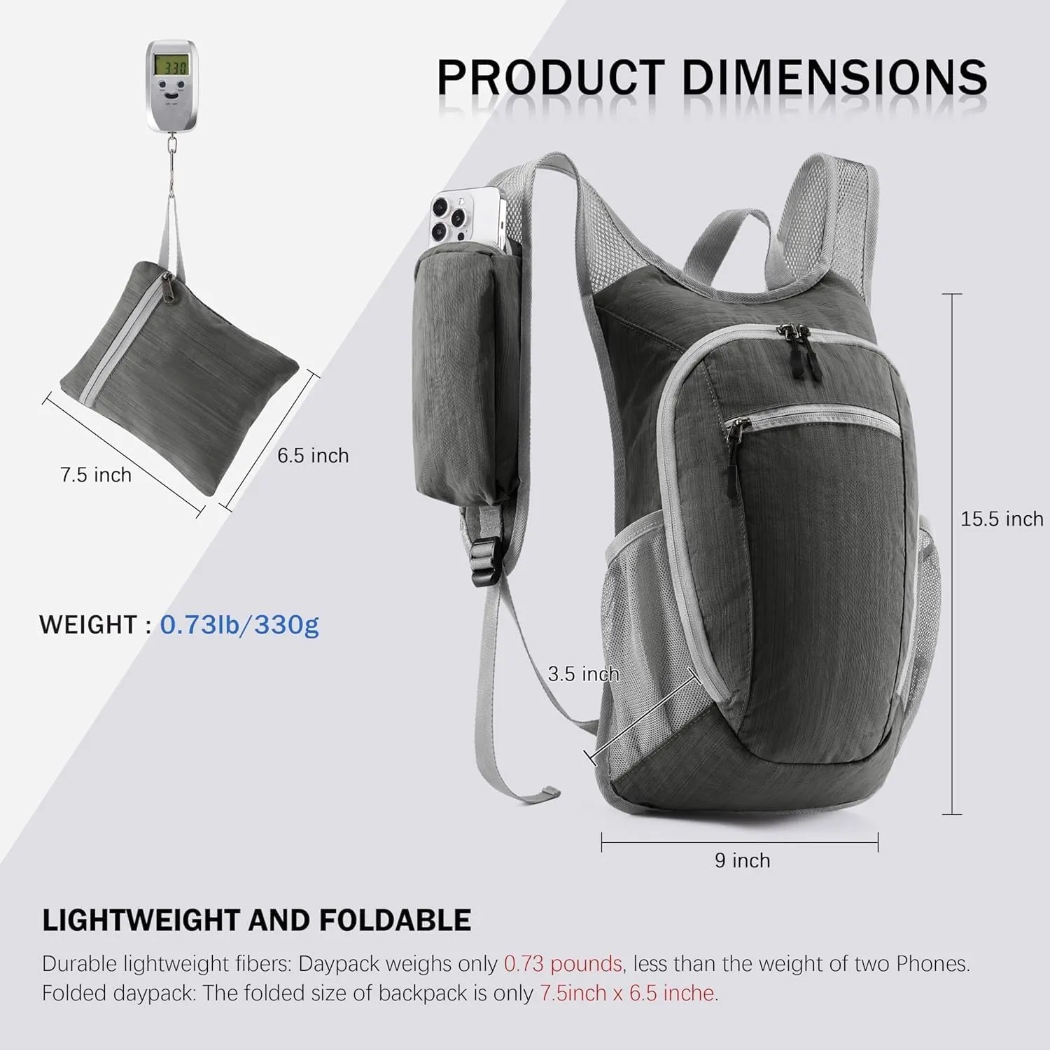 10L Small Hiking Backpack Foldable Lightweight Travel Daypack Packable Hiking Camping Gym Pack for Women Men Daily Use (Grey)