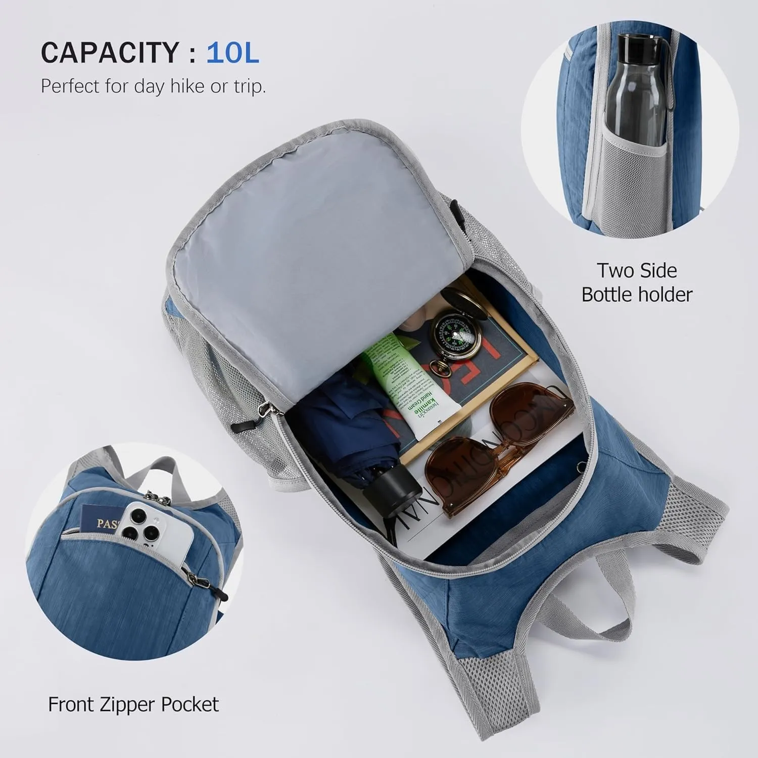 10L Small Hiking Backpack Foldable Lightweight Travel Daypack Packable Hiking Camping Gym Pack for Women Men Daily Use (Teal Blue)