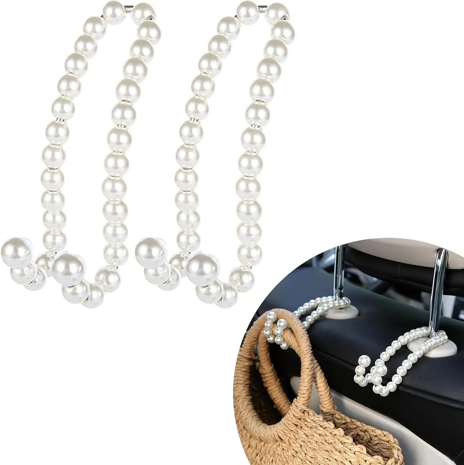 2 PCS Car 4.72" Overall Length Strong Load-bearing Seat Headrest Pearl Decorative Hook, Beautiful Trim Stainless Steel Portable Hidden Hook Hanging Storage for Backpack Cell Phone (White)