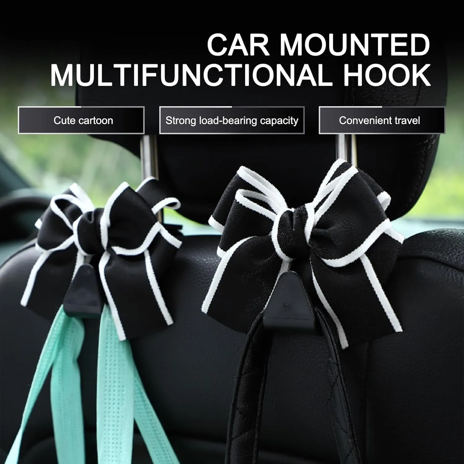 2 PCS Car Hooks, Hidden Cute Hooks Decorative, Multi-functional Car Seatback Hanging Organiser, Universal for Most Cars (Black)