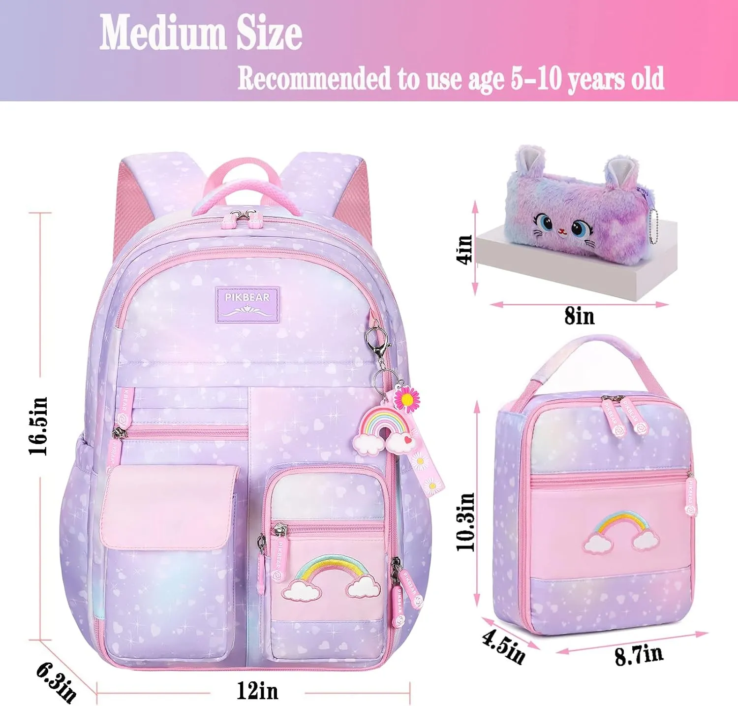 3Pcs Kids Backpack For Girls,Cute Rainbow Student School Backpack With Lunch Bag Pen Bag Set (Purple Medium 16.5in