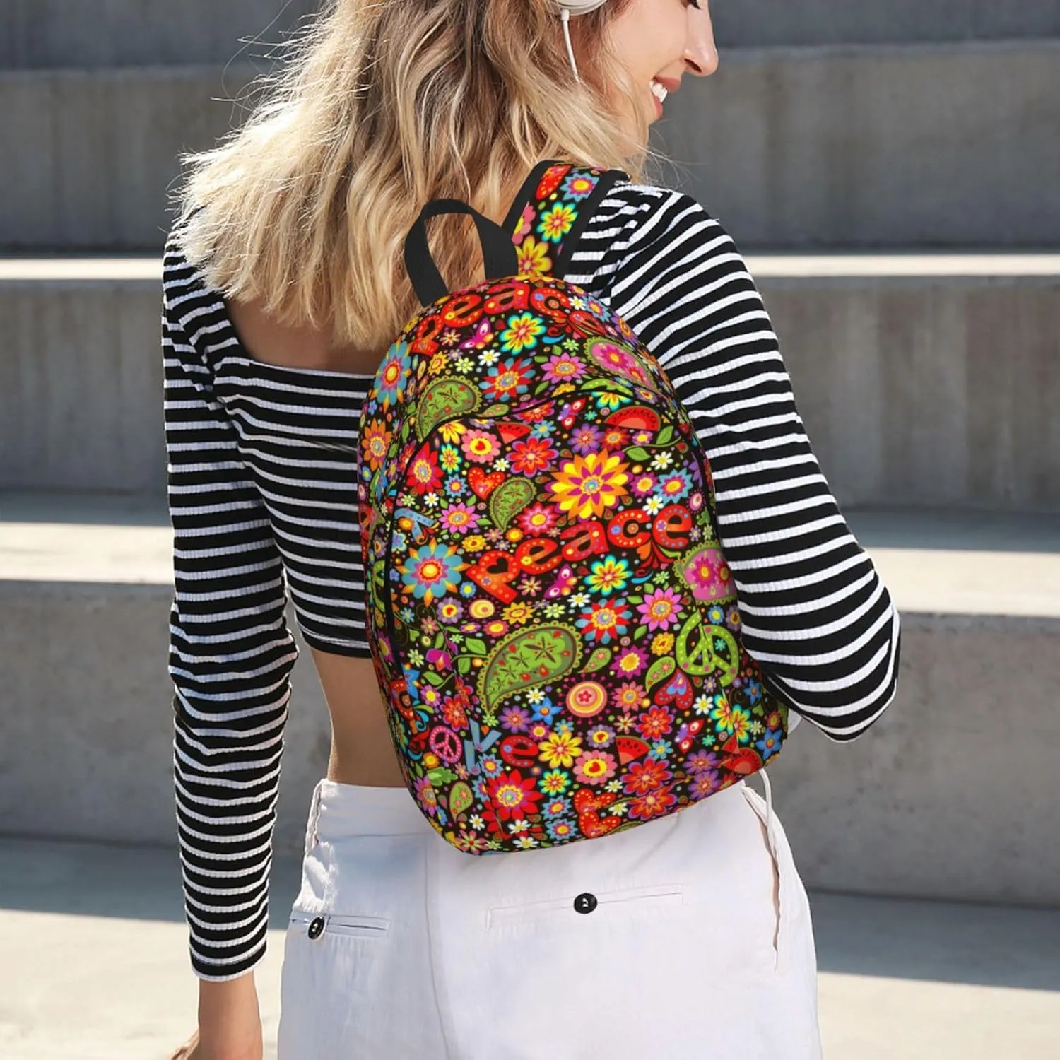 60s 70s Hippie Flowers Peace Love Canvas Backpacks Laptop Backpack Multipurpose Double Shoulder Bag for Men Women Gifts Small