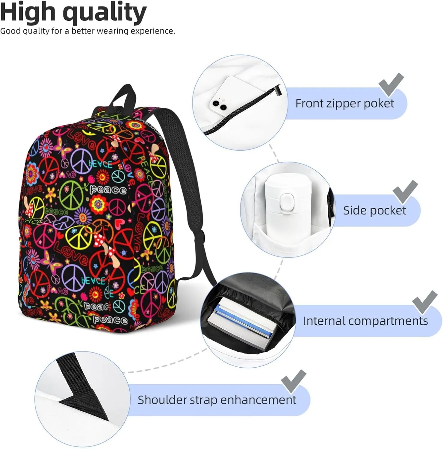 60s 70s Hippie Flowers Peace Love Canvas Backpacks Laptop Backpack Multipurpose Double Shoulder Bag for Men Women Gifts Small