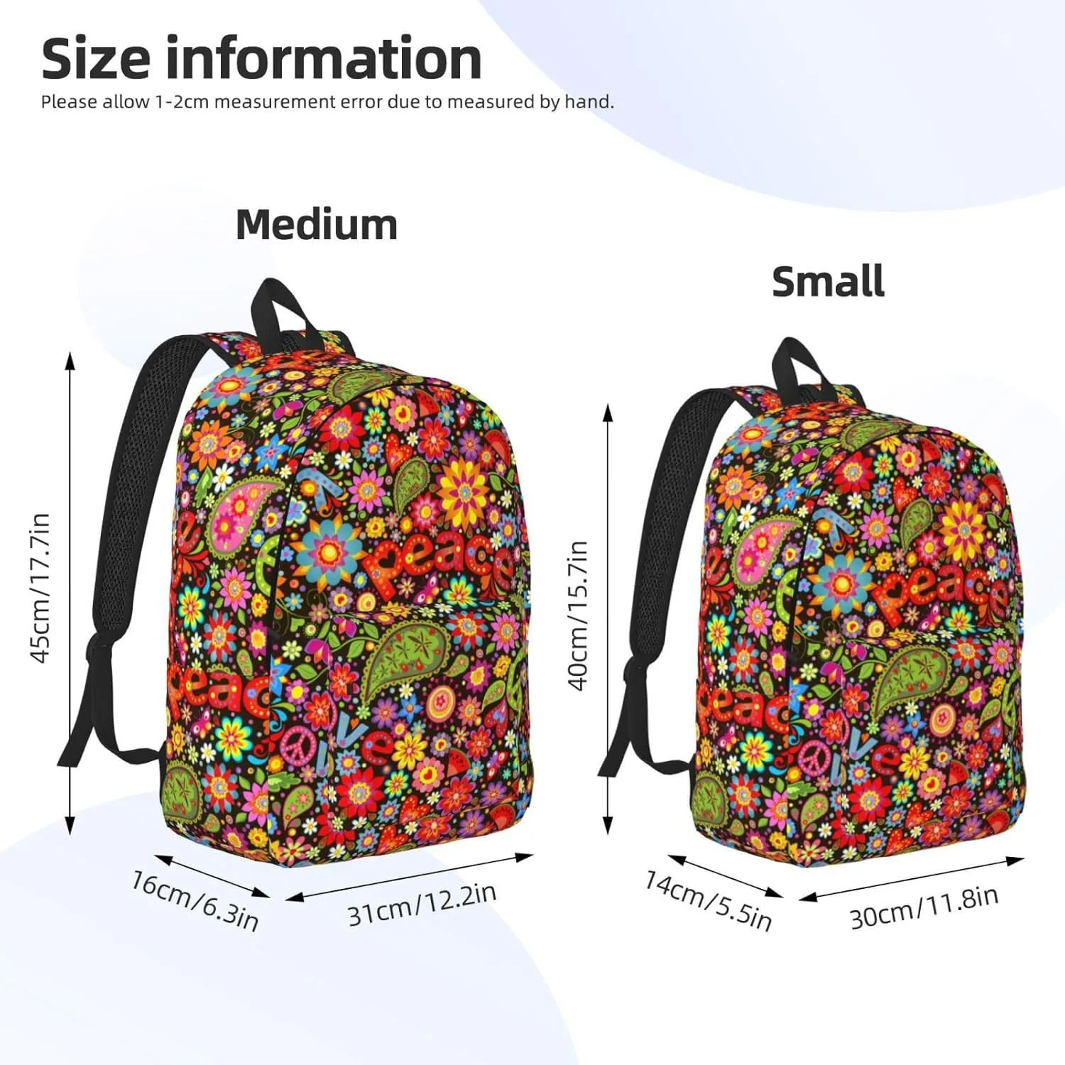 60s 70s Hippie Flowers Peace Love Canvas Backpacks Laptop Backpack Multipurpose Double Shoulder Bag for Men Women Gifts Small