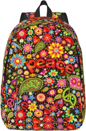 60s 70s Hippie Flowers Peace Love Canvas Backpacks Laptop Backpack Multipurpose Double Shoulder Bag for Men Women Gifts Small