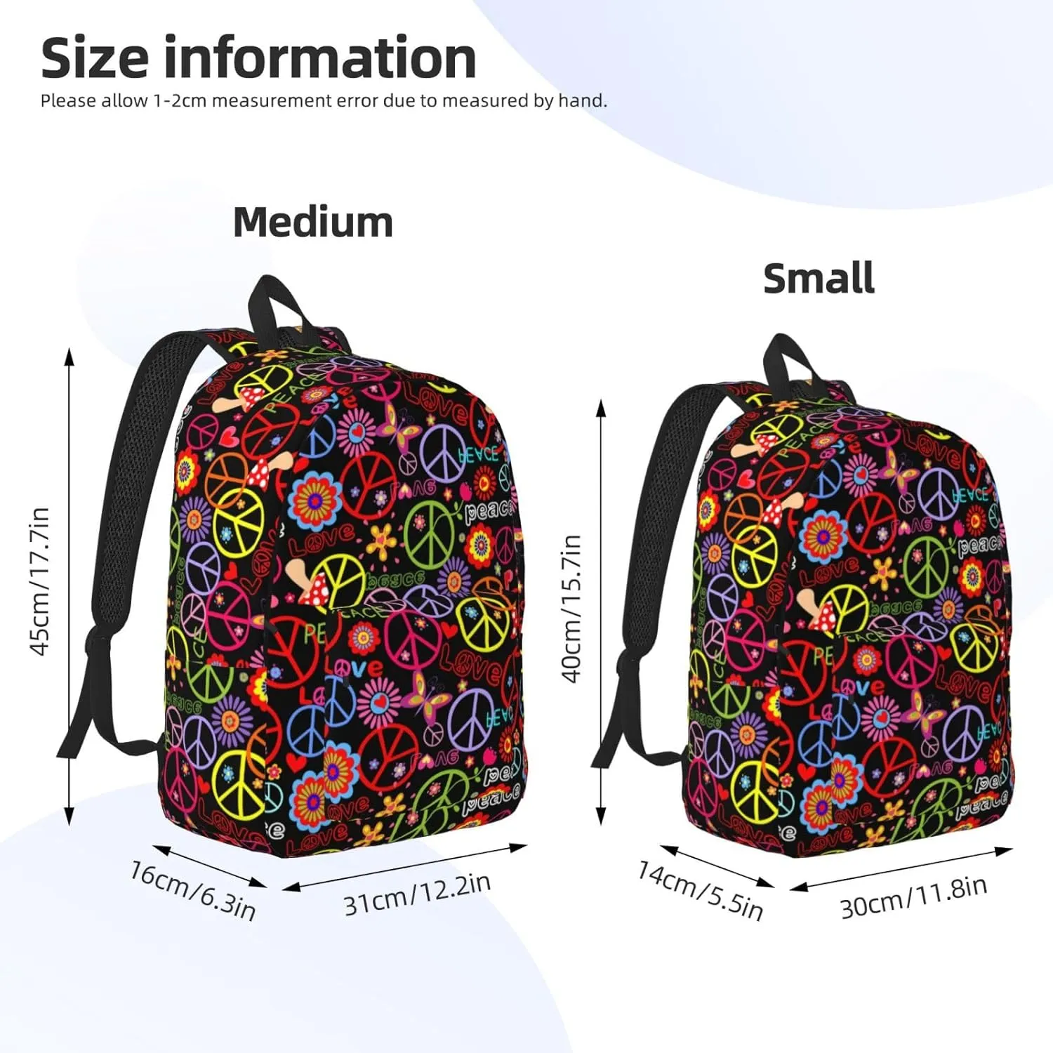 60s 70s Hippie Flowers Peace Love Canvas Backpacks Laptop Backpack Multipurpose Double Shoulder Bag for Men Women Gifts Small