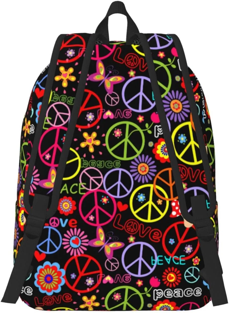 60s 70s Hippie Flowers Peace Love Canvas Backpacks Laptop Backpack Multipurpose Double Shoulder Bag for Men Women Gifts Small