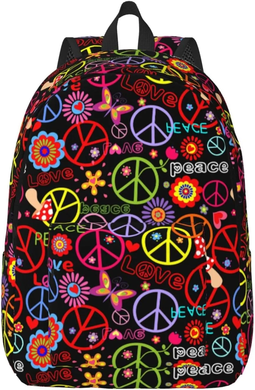60s 70s Hippie Flowers Peace Love Canvas Backpacks Laptop Backpack Multipurpose Double Shoulder Bag for Men Women Gifts Small
