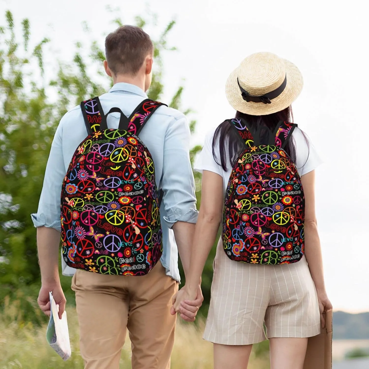 60s 70s Hippie Flowers Peace Love Canvas Backpacks Laptop Backpack Multipurpose Double Shoulder Bag for Men Women Gifts Small