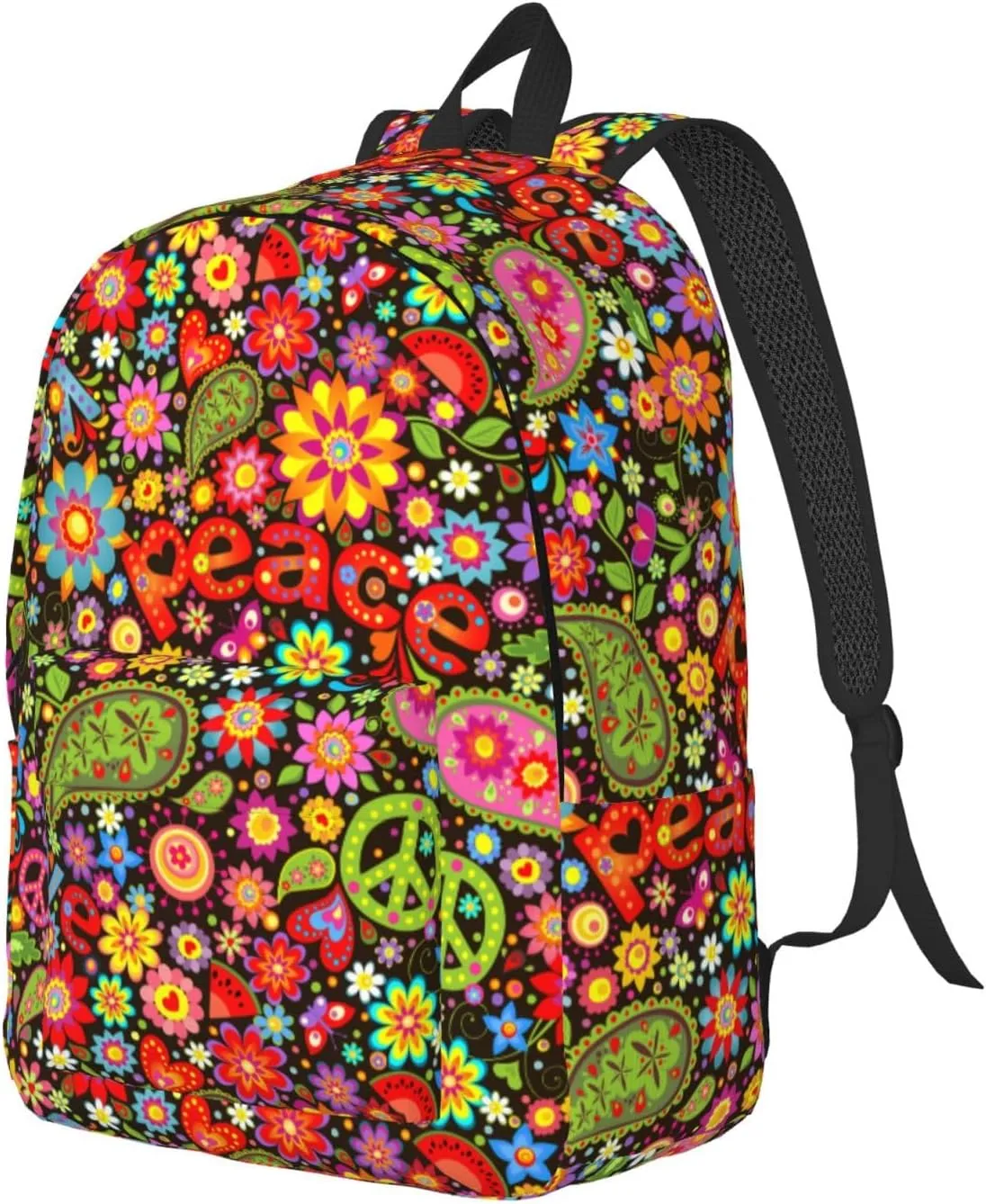 60s 70s Hippie Flowers Peace Love Canvas Backpacks Laptop Backpack Multipurpose Double Shoulder Bag for Men Women Gifts Small
