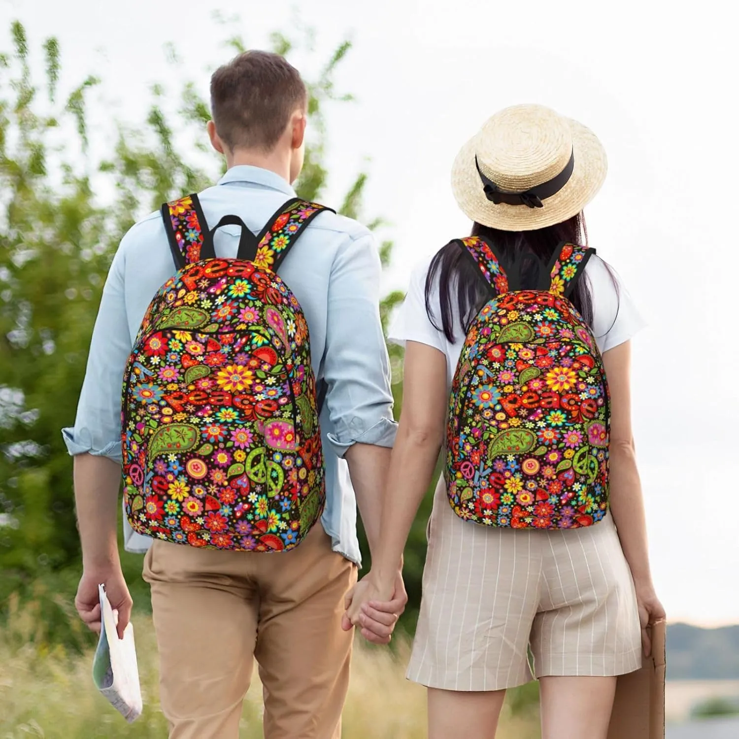 60s 70s Hippie Flowers Peace Love Canvas Backpacks Laptop Backpack Multipurpose Double Shoulder Bag for Men Women Gifts Small