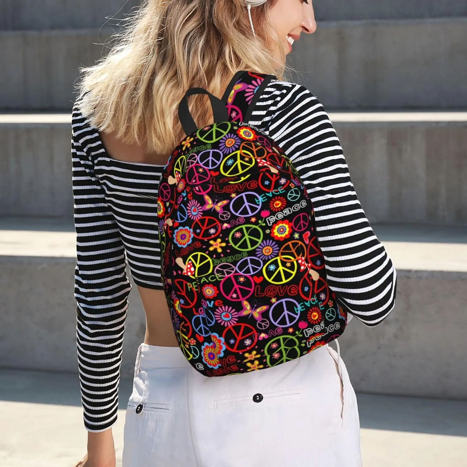 60s 70s Hippie Flowers Peace Love Canvas Backpacks Laptop Backpack Multipurpose Double Shoulder Bag for Men Women Gifts Small