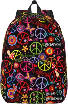 60s 70s Hippie Flowers Peace Love Canvas Backpacks Laptop Backpack Multipurpose Double Shoulder Bag for Men Women Gifts Small