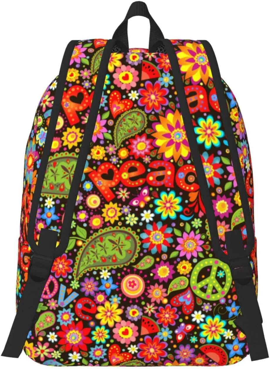 60s 70s Hippie Flowers Peace Love Canvas Backpacks Laptop Backpack Multipurpose Double Shoulder Bag for Men Women Gifts Small