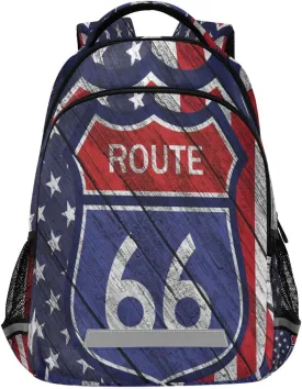 American Flag Symbol Route 66 Large School Backpacks with Chest Strap for Boys Girls Students,Lightweight Bookbags 17 Inch, Old Wall Background Portable Casual Daypack Bags