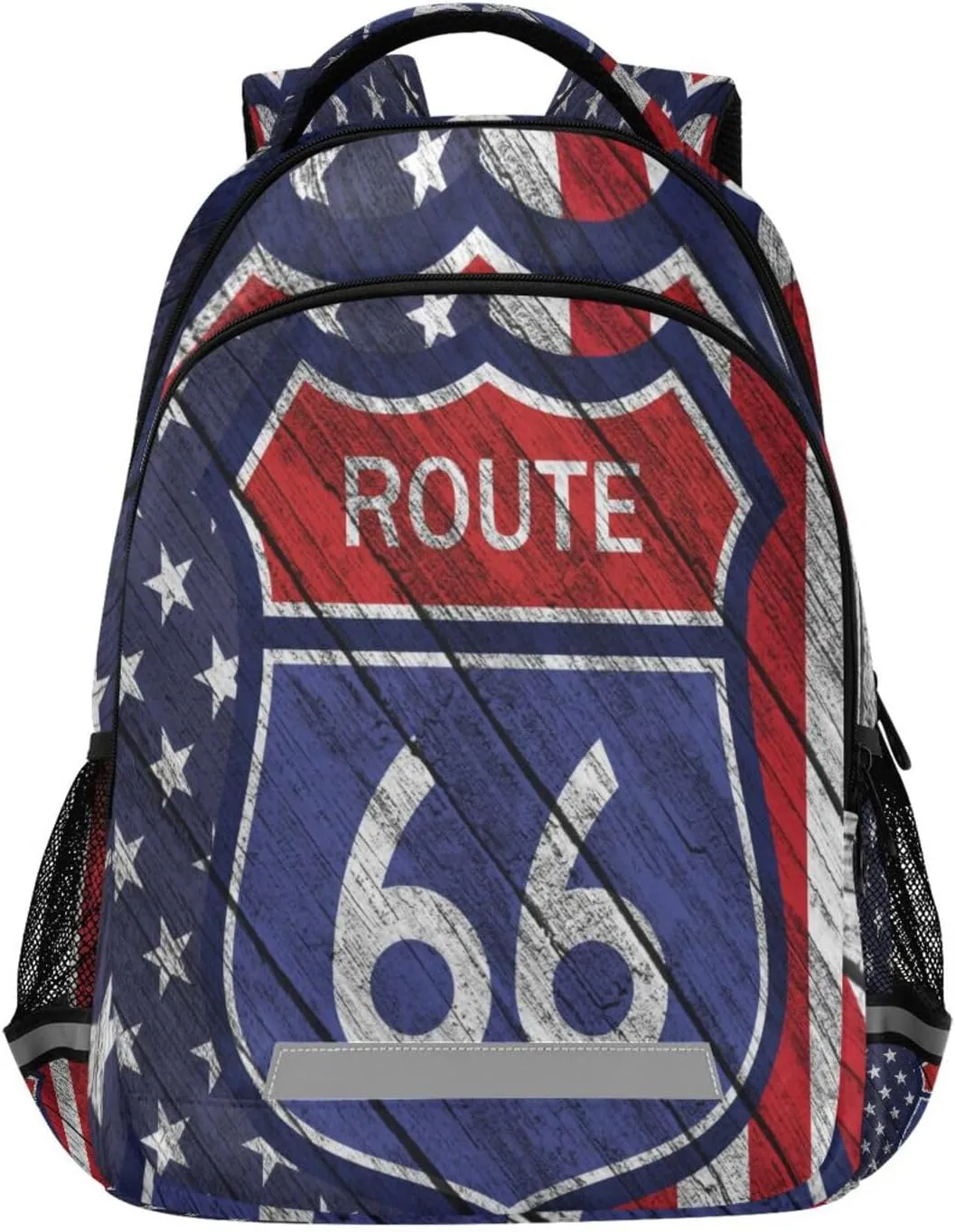 American Flag Symbol Route 66 Large School Backpacks with Chest Strap for Boys Girls Students,Lightweight Bookbags 17 Inch, Old Wall Background Portable Casual Daypack Bags