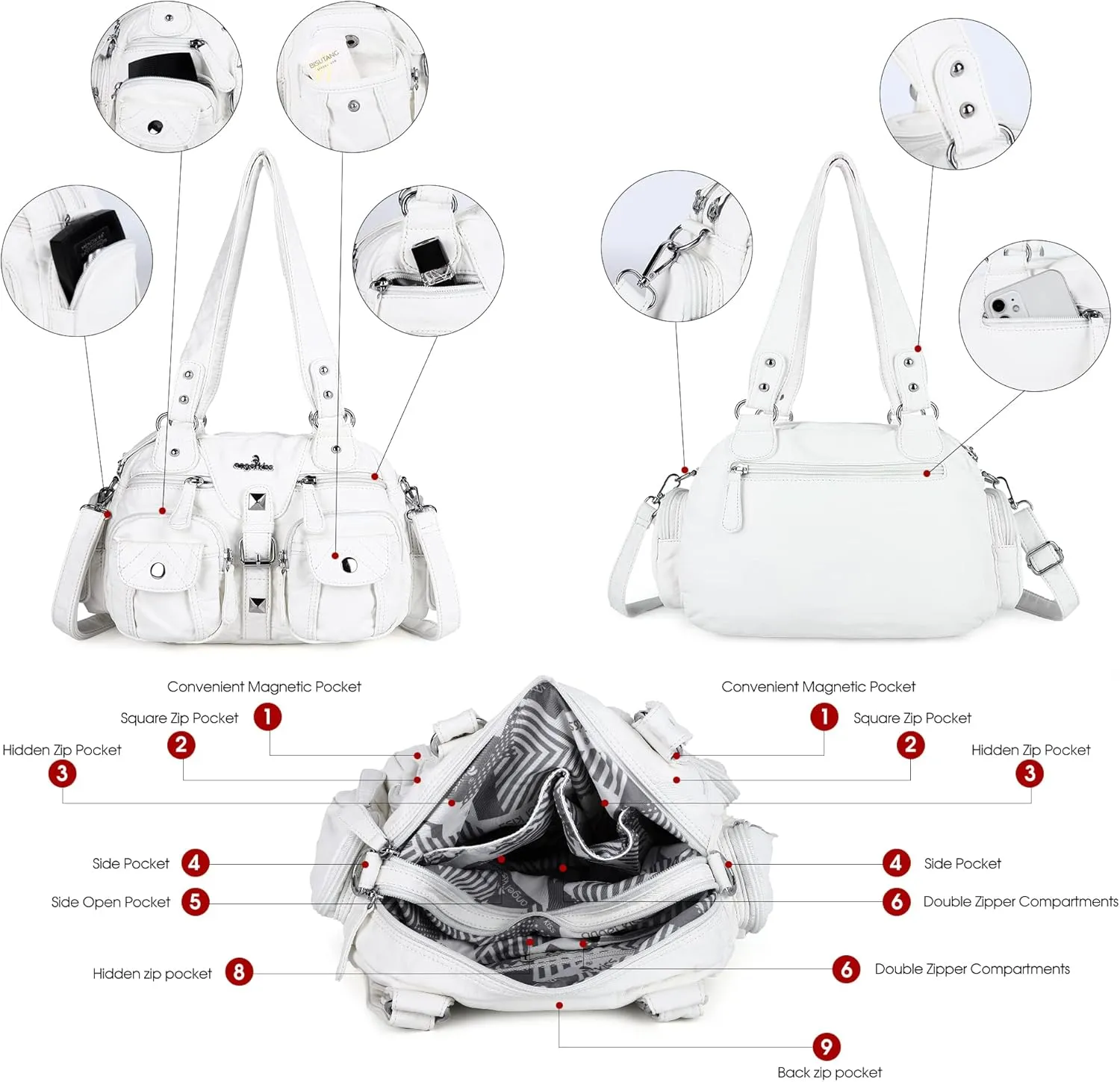 Angel Kiss Hobo Crossbody Purses for Women Shoulder Bag Multipocket Soft Hobo Purses Removable Strap Leather Handbags