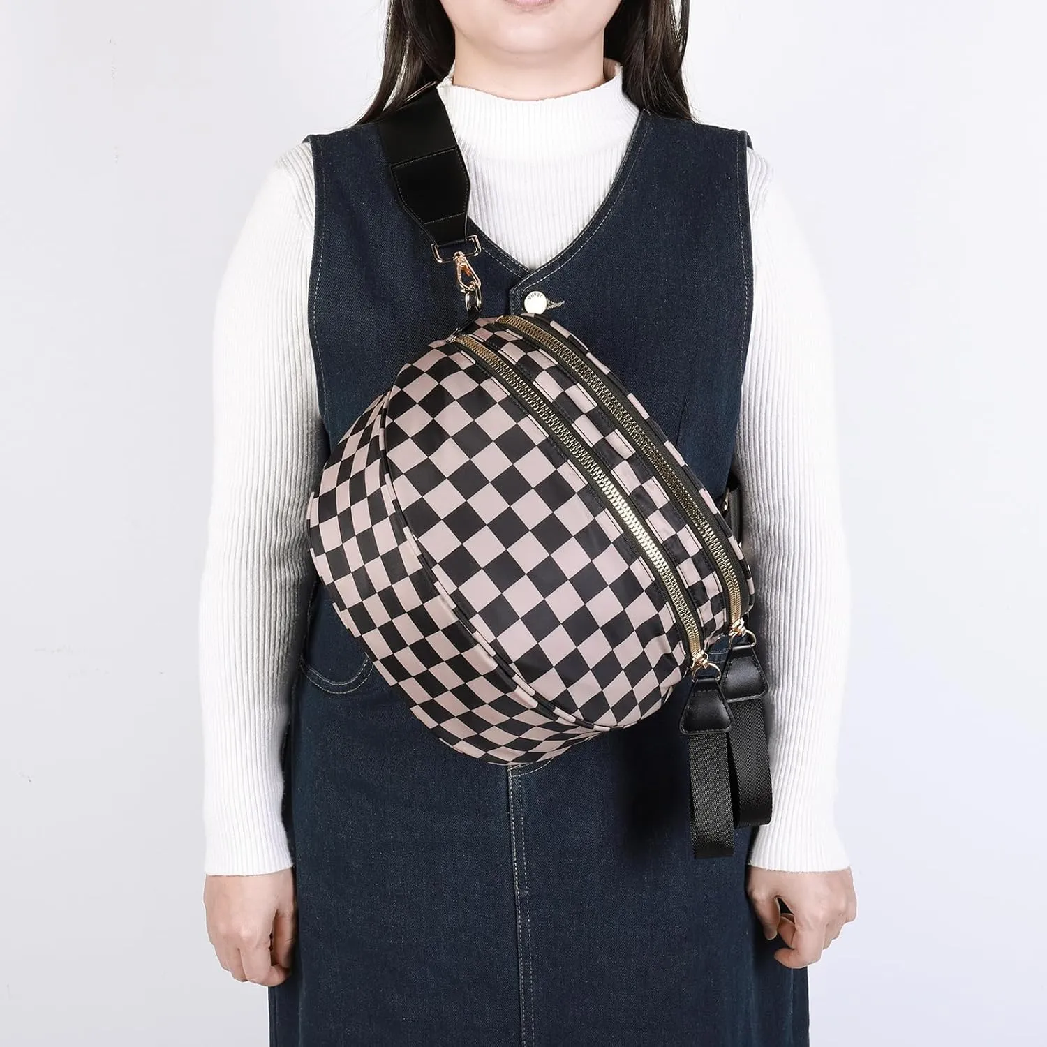 Checkered Crossbody Bum Bags for Women Nylon Checkered Purse Checkerboard Fanny Pack