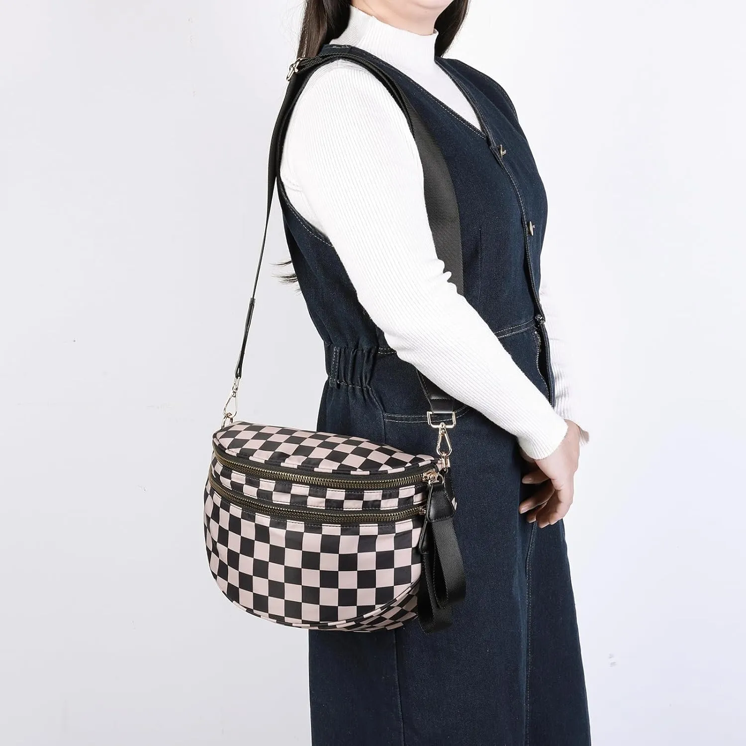Checkered Crossbody Bum Bags for Women Nylon Checkered Purse Checkerboard Fanny Pack