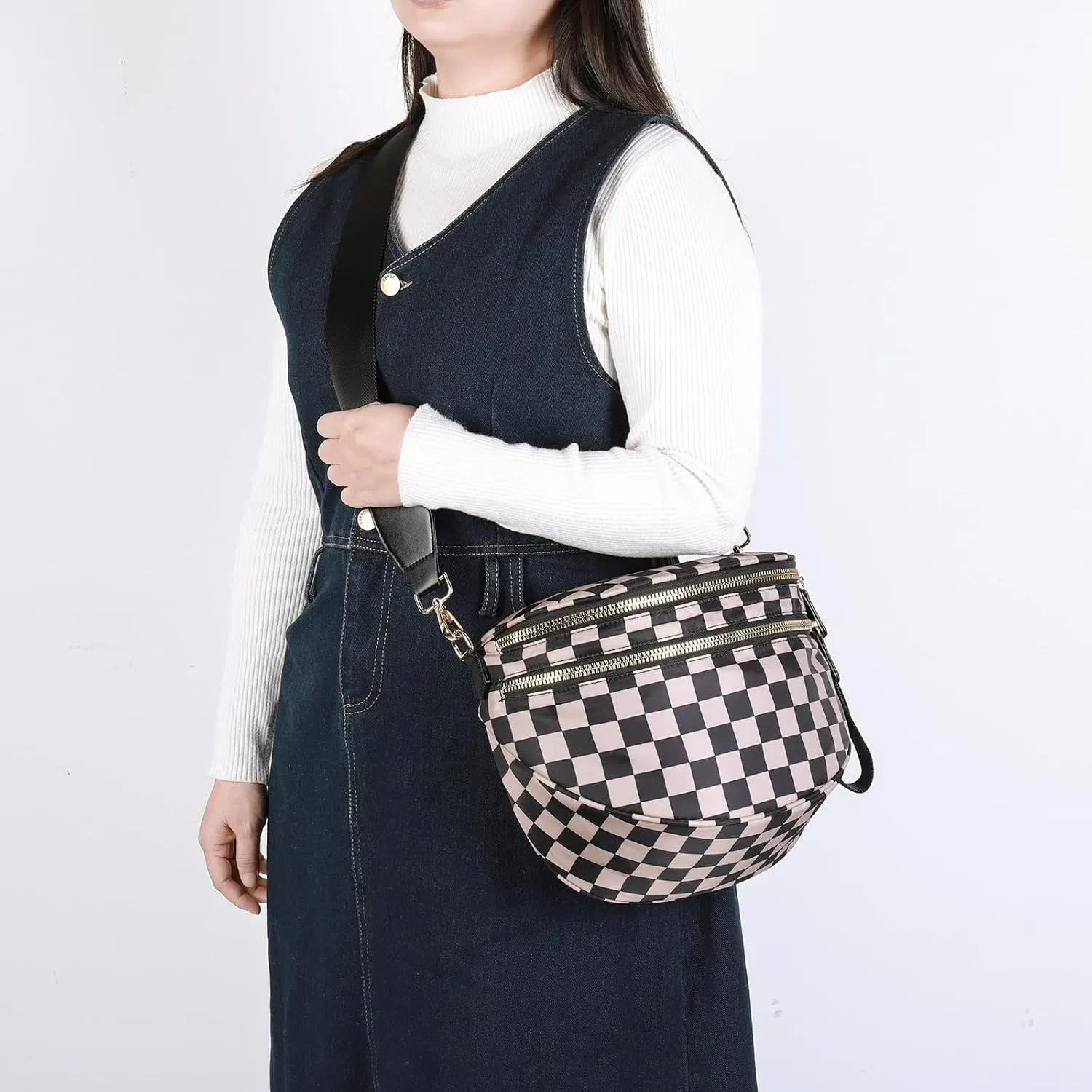 Checkered Crossbody Bum Bags for Women Nylon Checkered Purse Checkerboard Fanny Pack