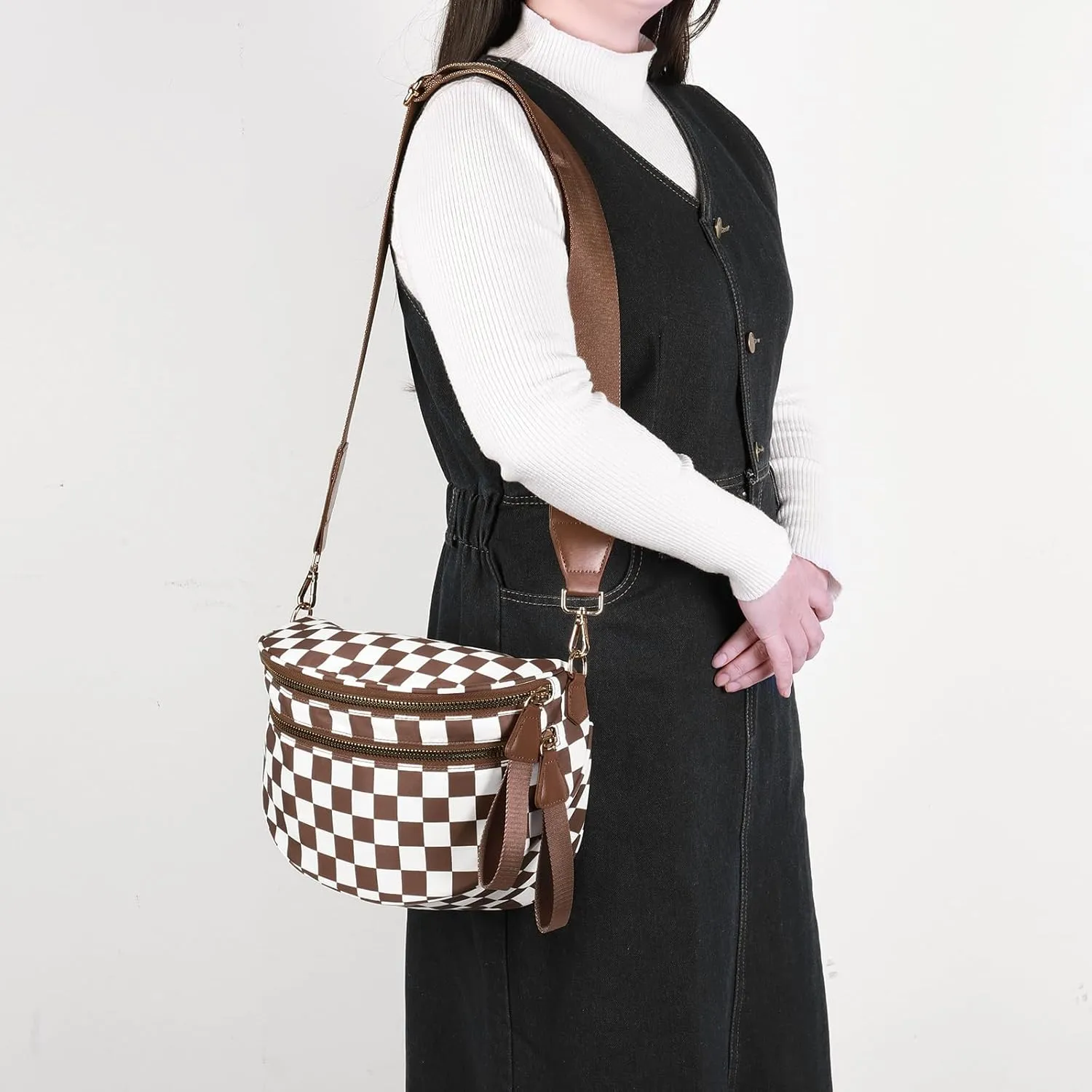 Checkered Crossbody Bum Bags for Women Nylon Checkered Purse Checkerboard Fanny Pack