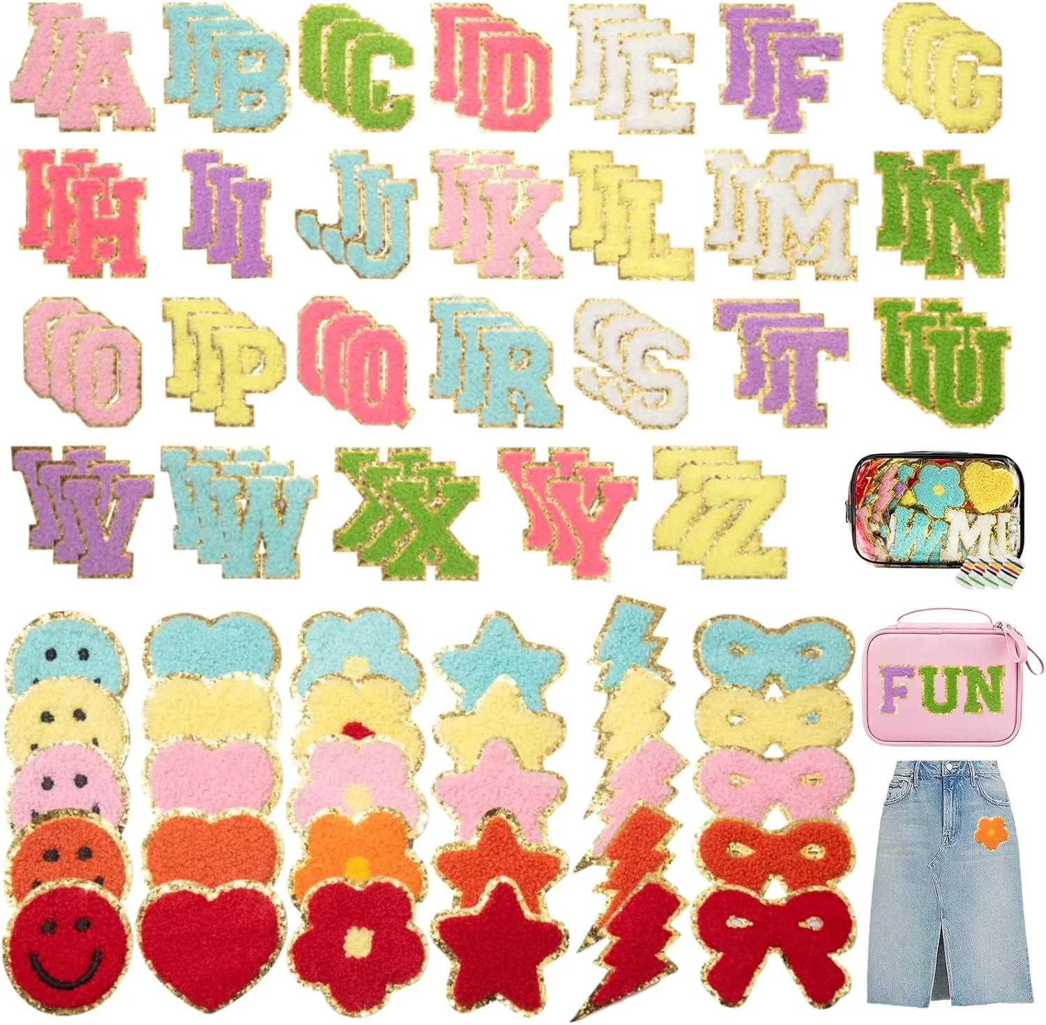 Chenille Letter Patches Iron on 108 Pcs Stick on Patches Self Adhesive for DIY Clothes Backpacks Hats Jeans Bag Jacket Varsity Letters Chenille Stickers