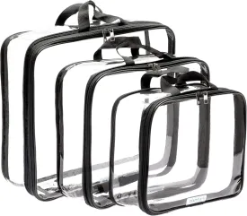 Clear Compression Packing Cubes 3 Set - Large See-Through Plastic Suitcase Bags for Travel - Luggage Compressable Organizers - Transparent PVC Collapsible Cosmetic Bag for Backpack Black