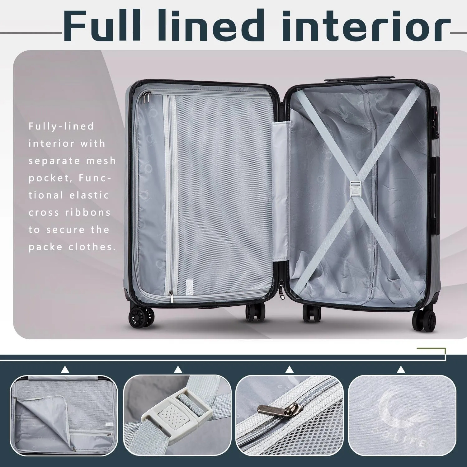 Coolife Luggage Expandable(only 28") Suitcase PC ABS with TSA Lock Spinner 20in 24in 28in (navy, S(20in_carry on))