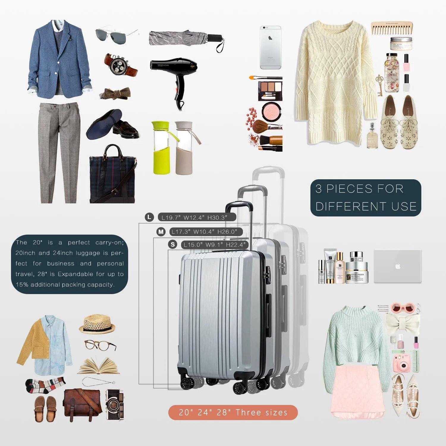 Coolife Luggage Expandable(only 28") Suitcase PC ABS with TSA Lock Spinner 20in 24in 28in (navy, S(20in_carry on))