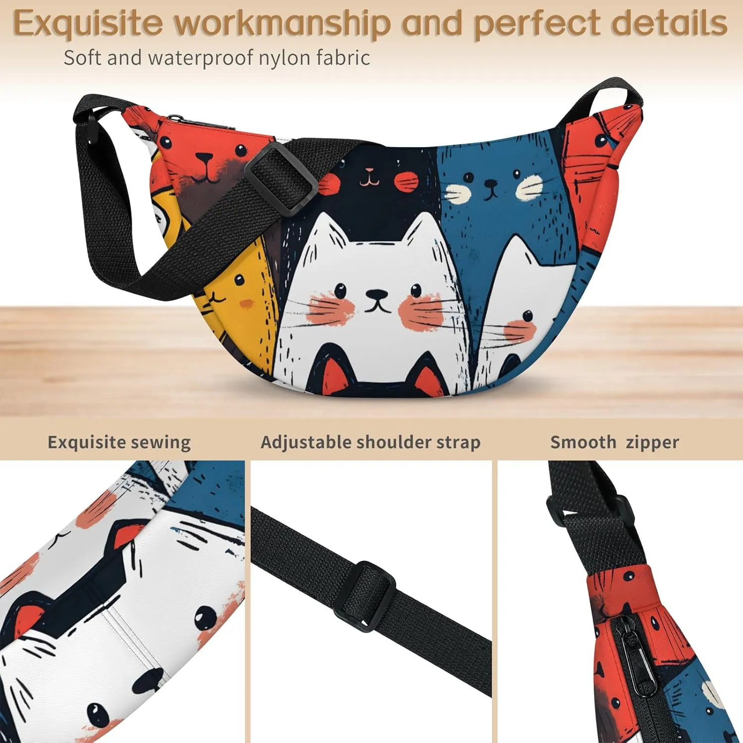 Cute Cat Crescent Crossbody Bag for Women Men Lightweight Sling Bag Fanny Pack Trendy Shoulder Bags