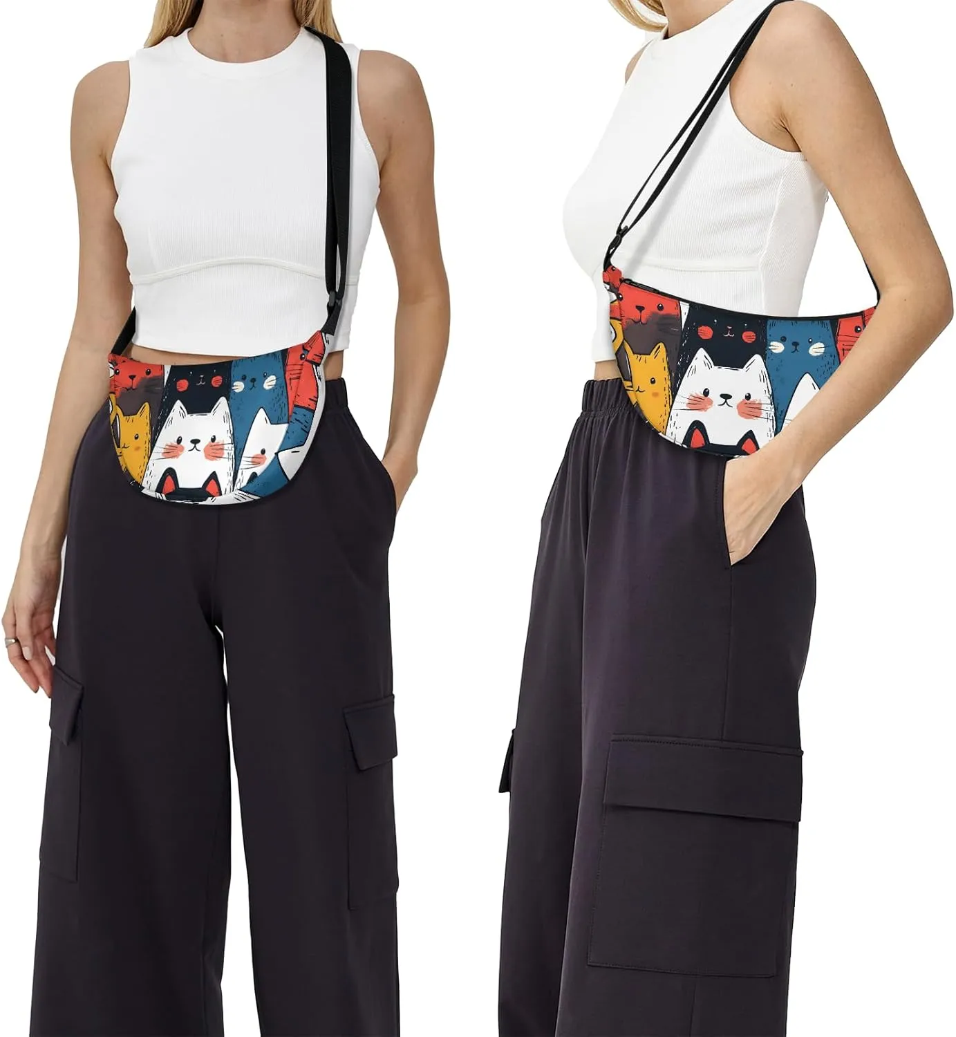 Cute Cat Crescent Crossbody Bag for Women Men Lightweight Sling Bag Fanny Pack Trendy Shoulder Bags