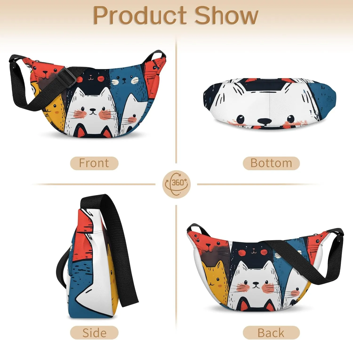Cute Cat Crescent Crossbody Bag for Women Men Lightweight Sling Bag Fanny Pack Trendy Shoulder Bags