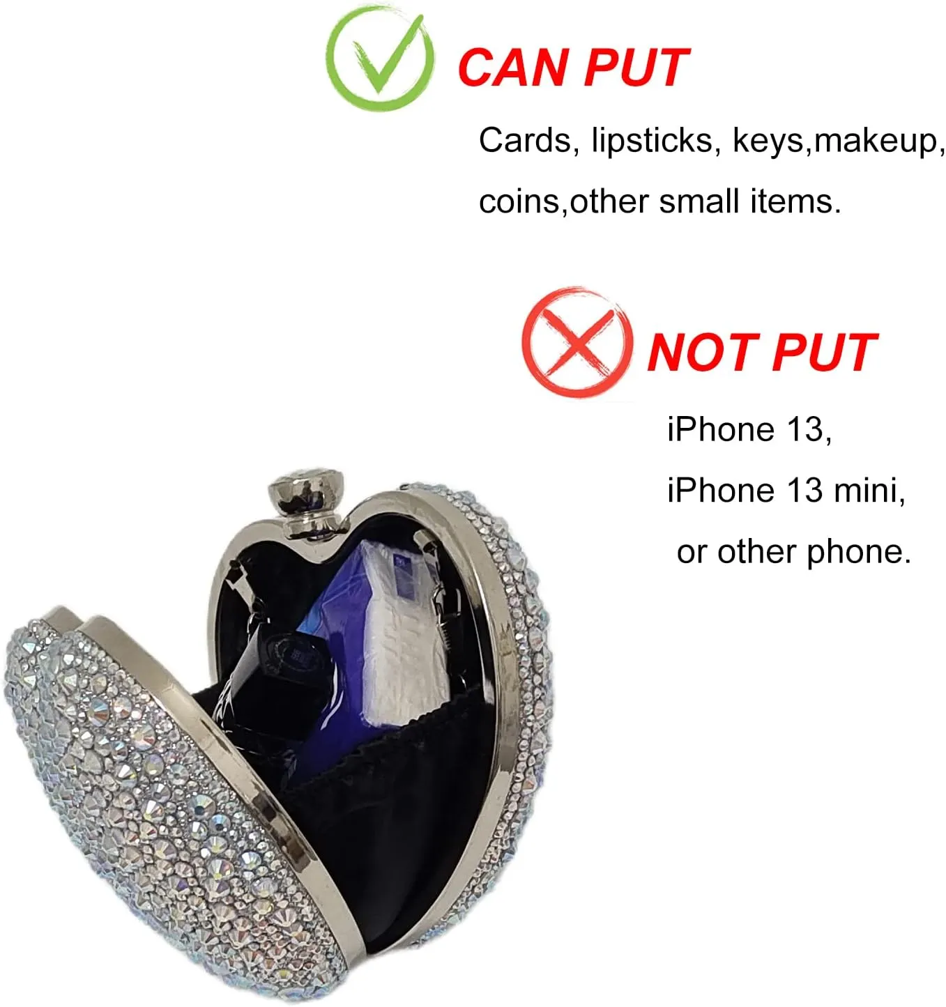 Cute Heart Shape Clutch Purse Mini Love Heart Rhinestone Wedding Handbag Party Women Purse
