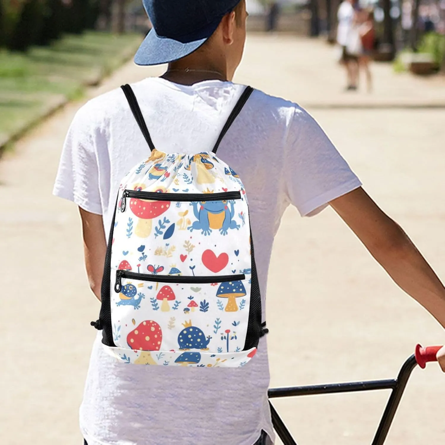 FRODOTGV Various Funny Frogs Safari Mushroom Princess Sport Drawstring Backpacks Foldable Shopping Adults Women Men Sackpack Bags With Two Zipper Pockets for Camping