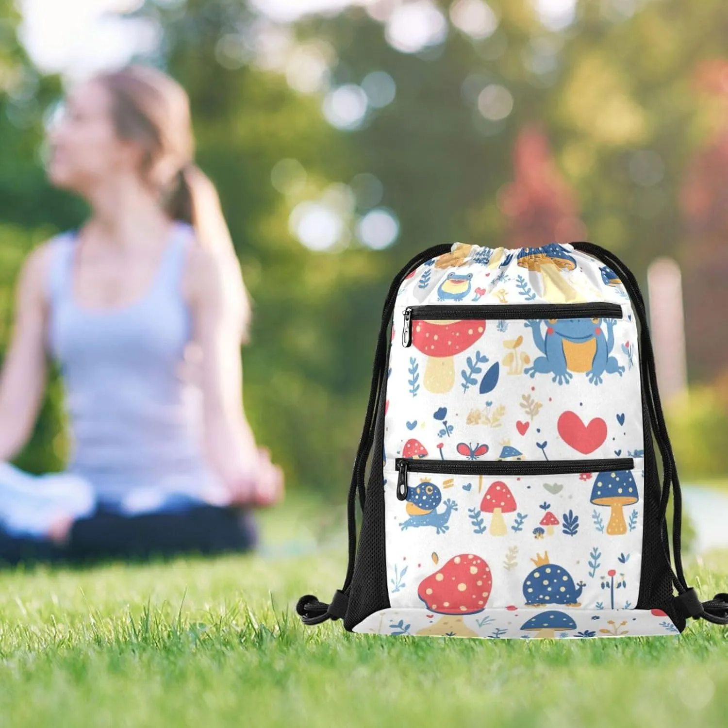 FRODOTGV Various Funny Frogs Safari Mushroom Princess Sport Drawstring Backpacks Foldable Shopping Adults Women Men Sackpack Bags With Two Zipper Pockets for Camping