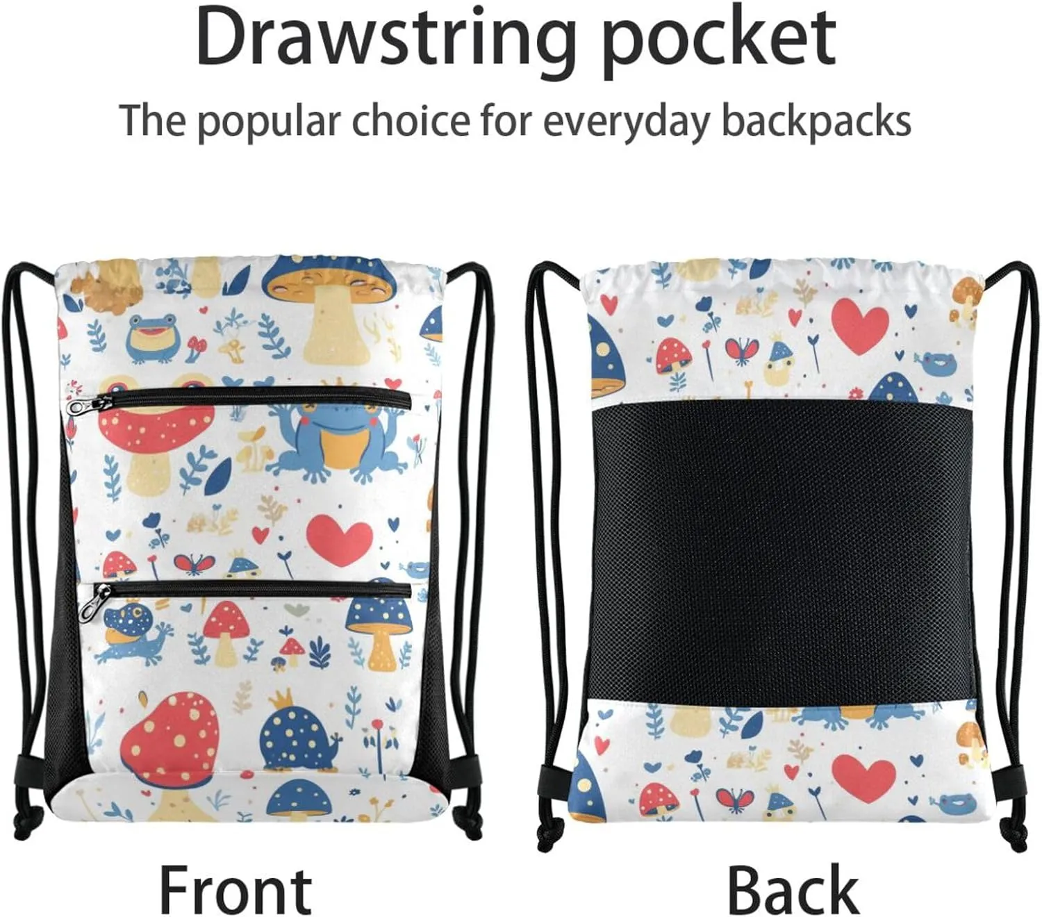 FRODOTGV Various Funny Frogs Safari Mushroom Princess Sport Drawstring Backpacks Foldable Shopping Adults Women Men Sackpack Bags With Two Zipper Pockets for Camping