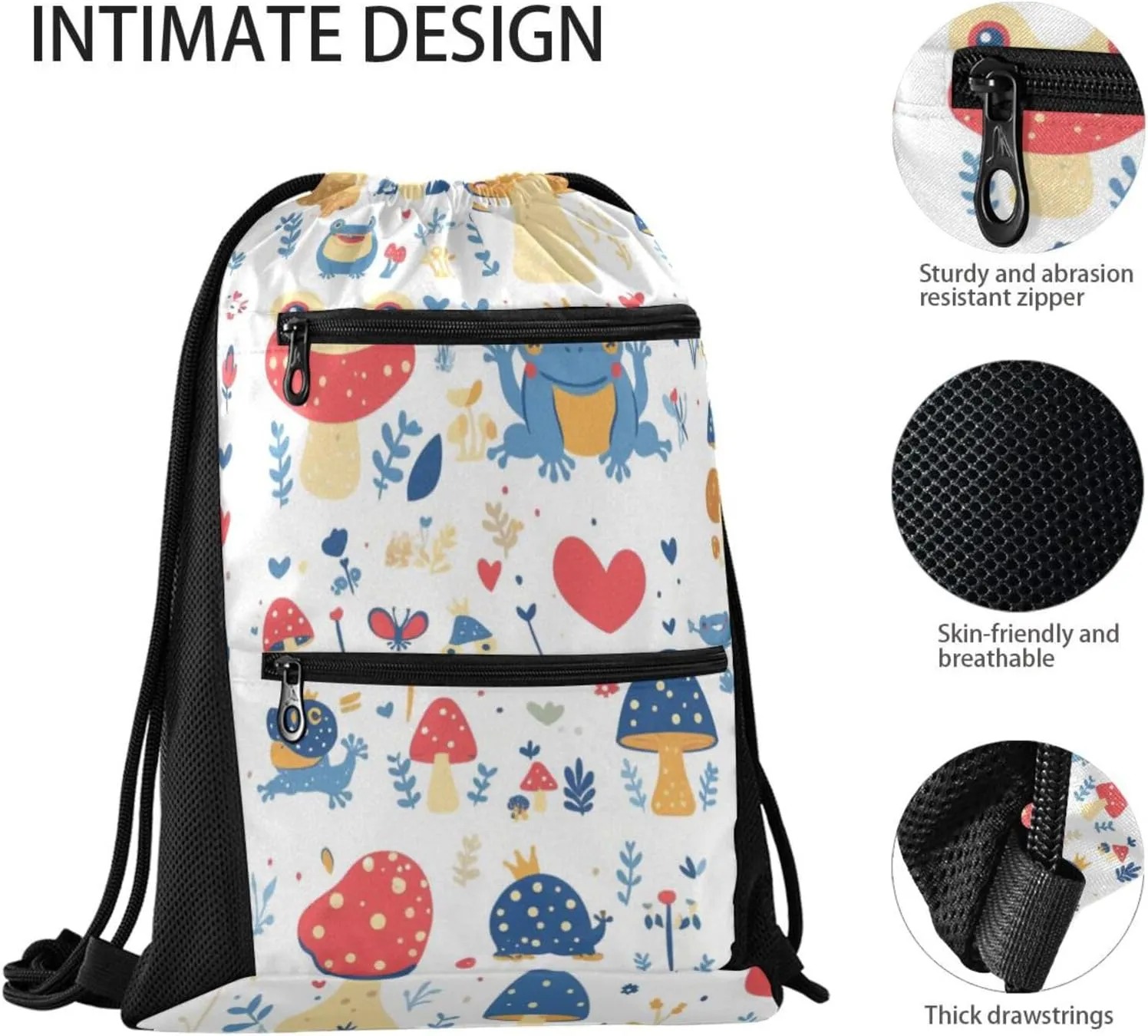 FRODOTGV Various Funny Frogs Safari Mushroom Princess Sport Drawstring Backpacks Foldable Shopping Adults Women Men Sackpack Bags With Two Zipper Pockets for Camping