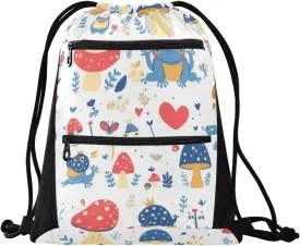 FRODOTGV Various Funny Frogs Safari Mushroom Princess Sport Drawstring Backpacks Foldable Shopping Adults Women Men Sackpack Bags With Two Zipper Pockets for Camping