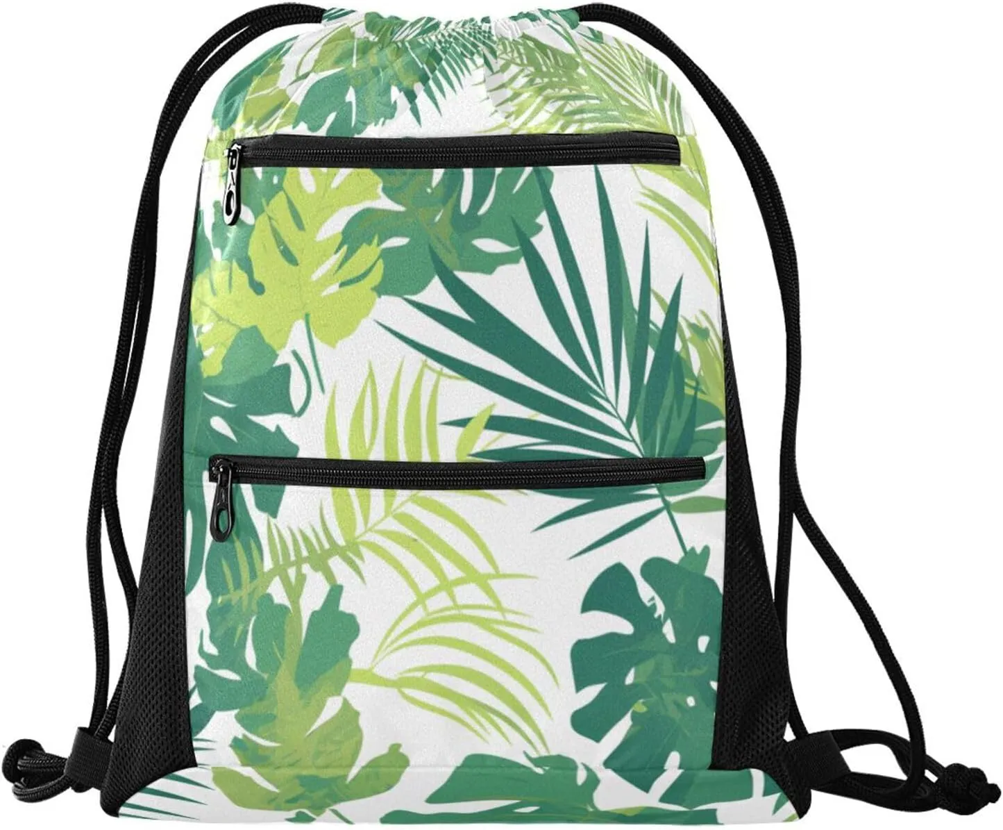 FRODOTGV Waterproof Sport Drawstring Backpacks Tropical Greens Leaves Cinch Bags With Two Zipper Pockets Adults Women Men Party Swimming
