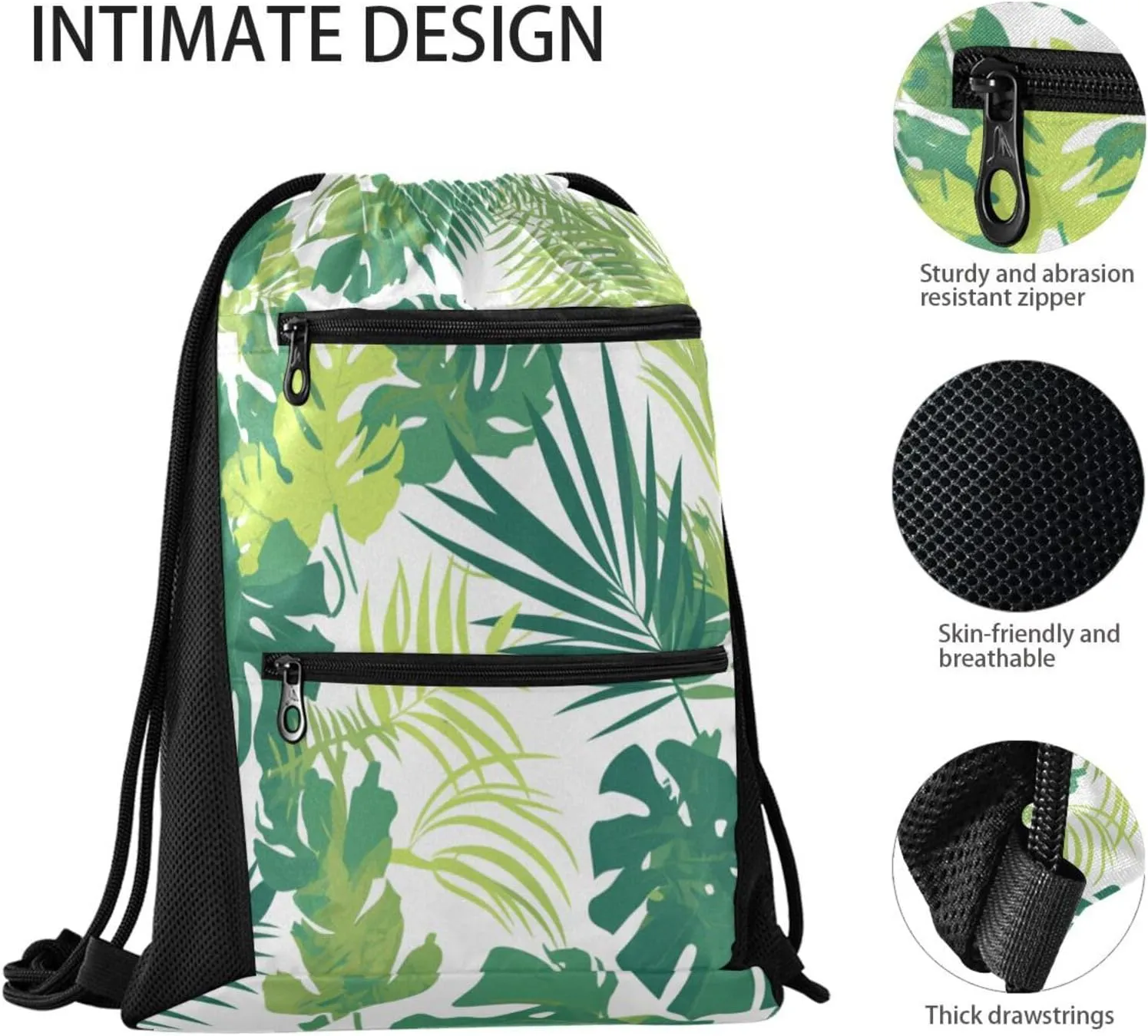 FRODOTGV Waterproof Sport Drawstring Backpacks Tropical Greens Leaves Cinch Bags With Two Zipper Pockets Adults Women Men Party Swimming