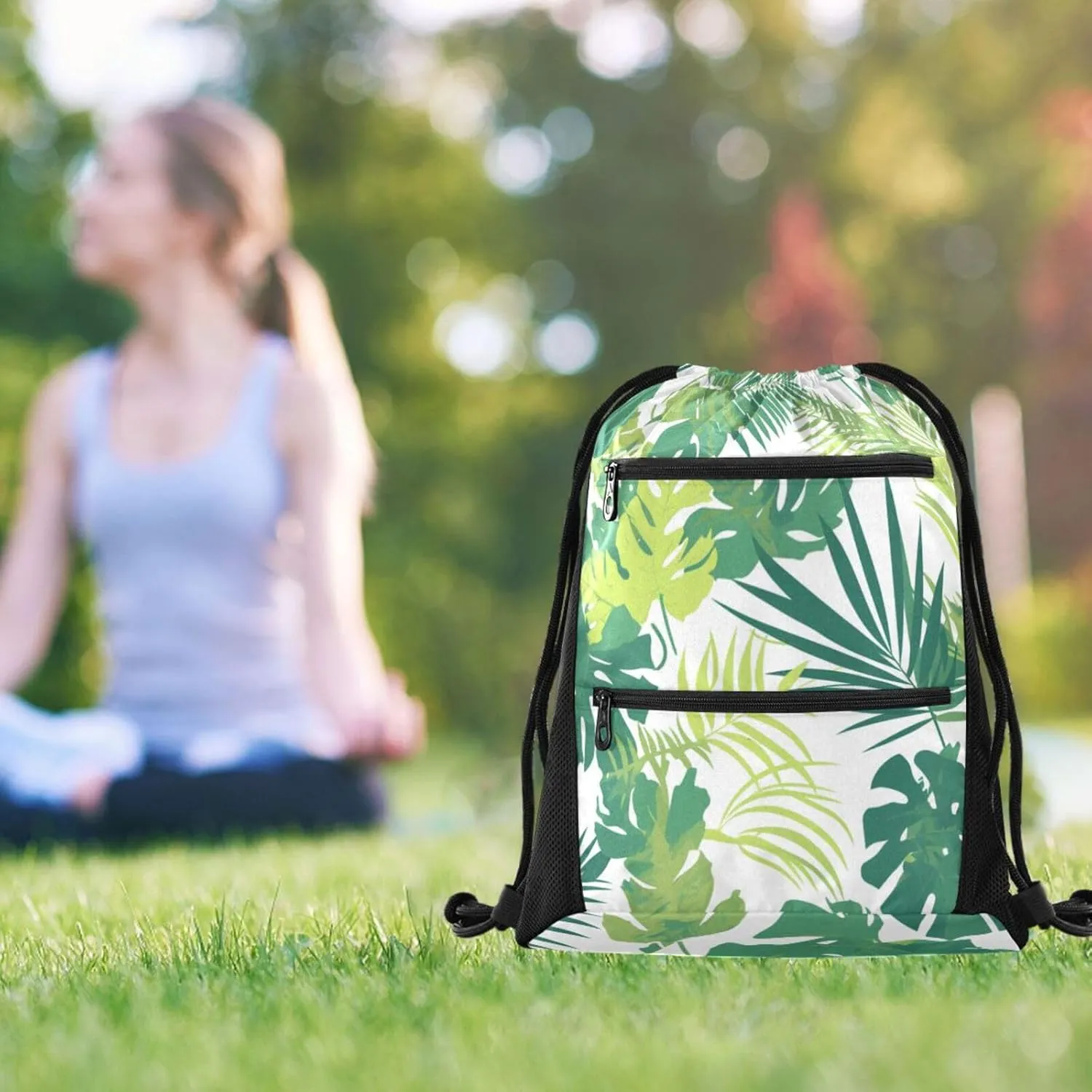 FRODOTGV Waterproof Sport Drawstring Backpacks Tropical Greens Leaves Cinch Bags With Two Zipper Pockets Adults Women Men Party Swimming