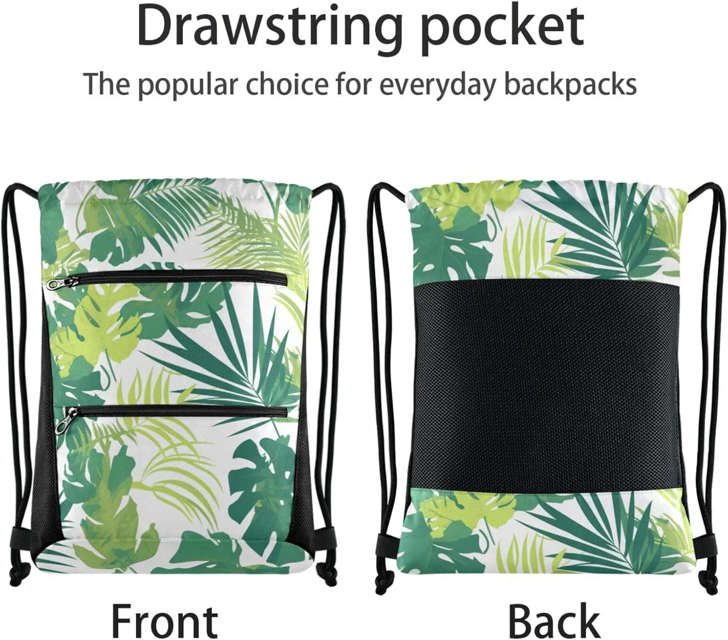 FRODOTGV Waterproof Sport Drawstring Backpacks Tropical Greens Leaves Cinch Bags With Two Zipper Pockets Adults Women Men Party Swimming