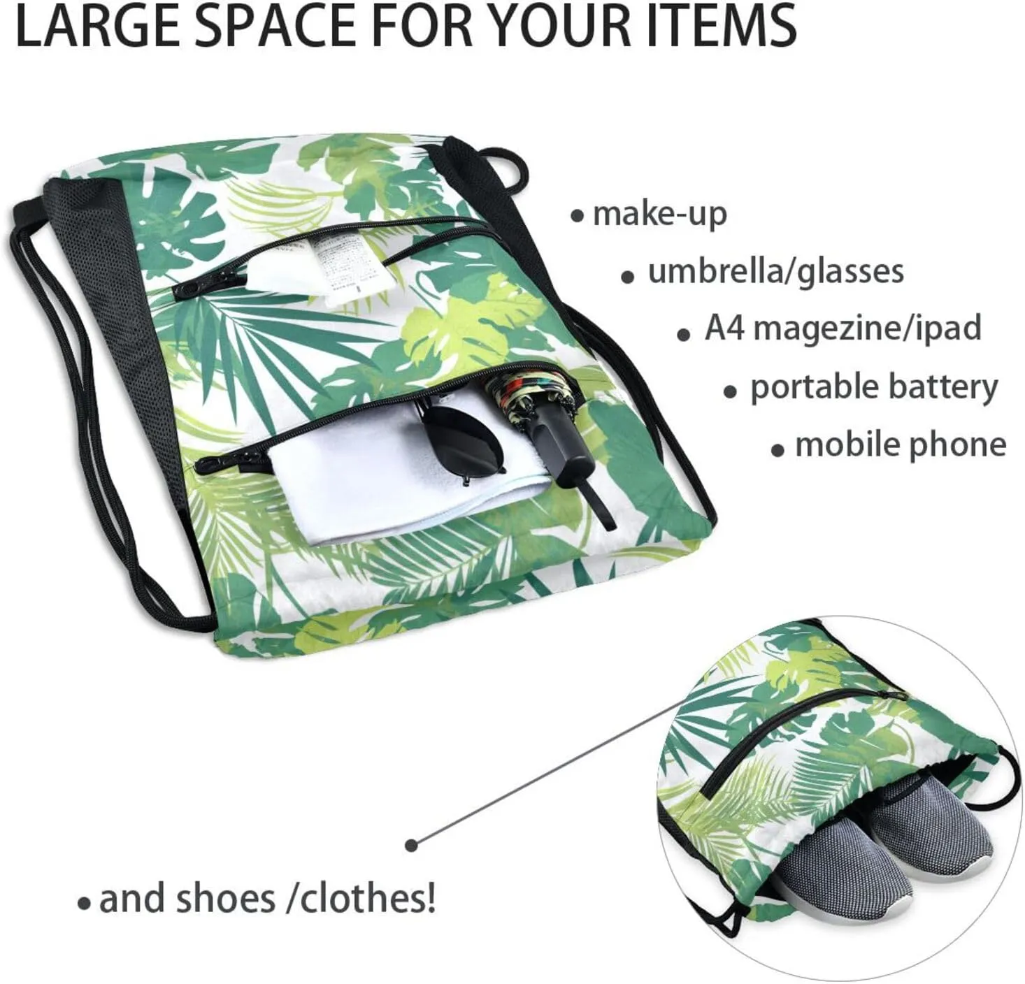 FRODOTGV Waterproof Sport Drawstring Backpacks Tropical Greens Leaves Cinch Bags With Two Zipper Pockets Adults Women Men Party Swimming