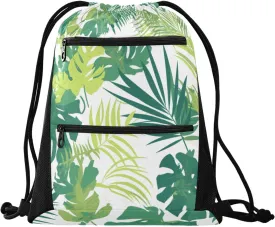 FRODOTGV Waterproof Sport Drawstring Backpacks Tropical Greens Leaves Cinch Bags With Two Zipper Pockets Adults Women Men Party Swimming