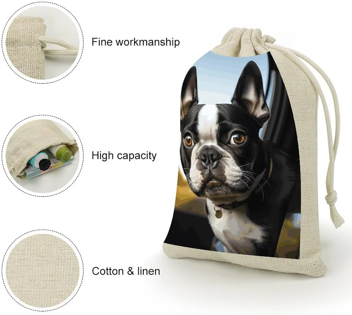 GHBNK Puppy Dog Boston Terrier Burlap Bags 8PC Drawstring Bags Small Burlap Gift Pouches for Jewelry,Travel Storage