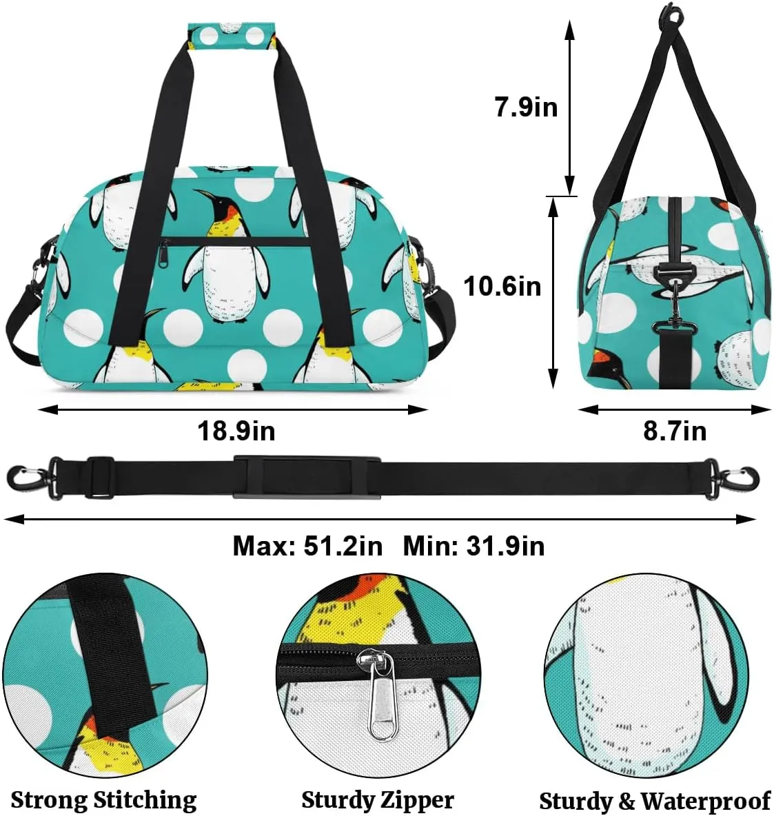 Lovely Penguins Pattern Gym Bag Sports Duffle Bag Weekend Sleepover Duffel Bags Small Travel Tote for Overnight Workout Gymnastics Dance Ballet
