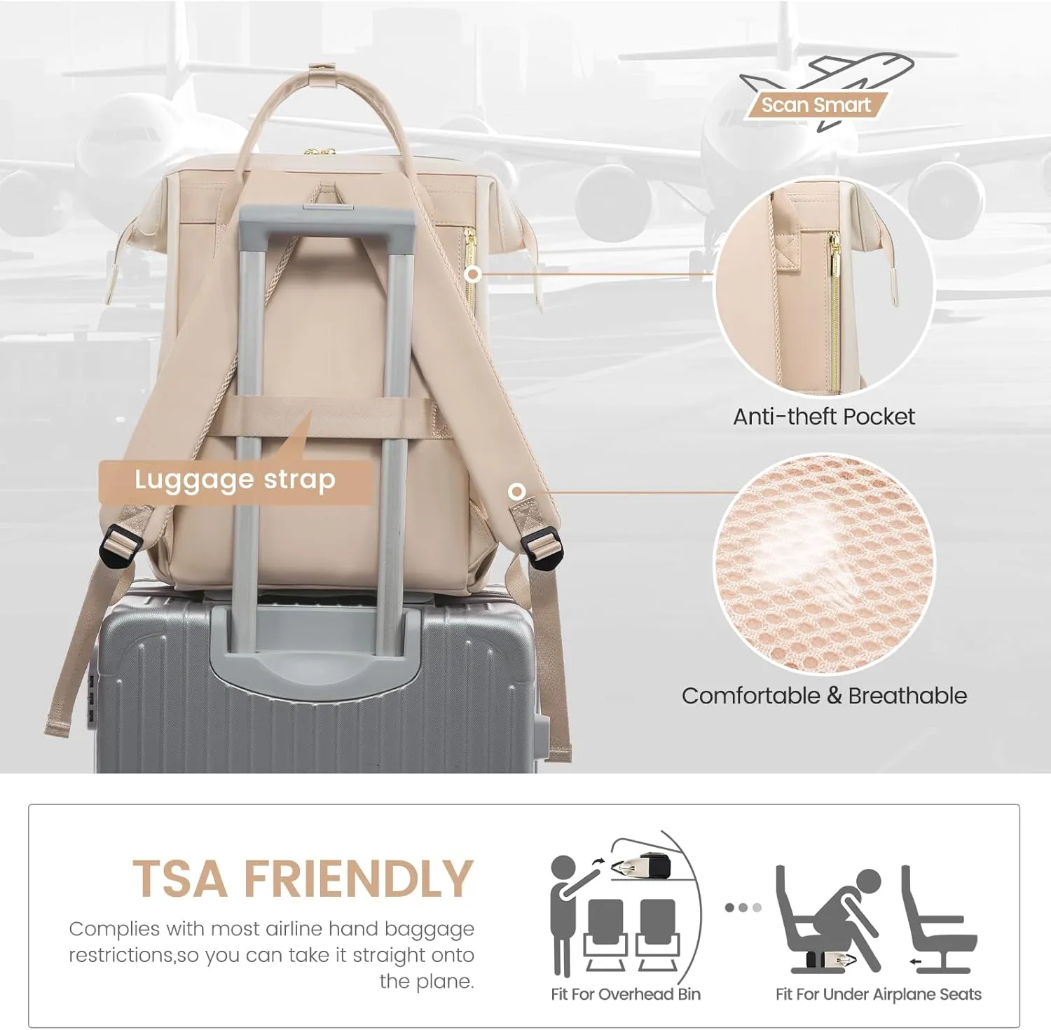LOVEVOOK Leather Backpack for Women, 17 inch Laptop Backpack, Professional Work & Travel Bag, Beige-Flesh Beige