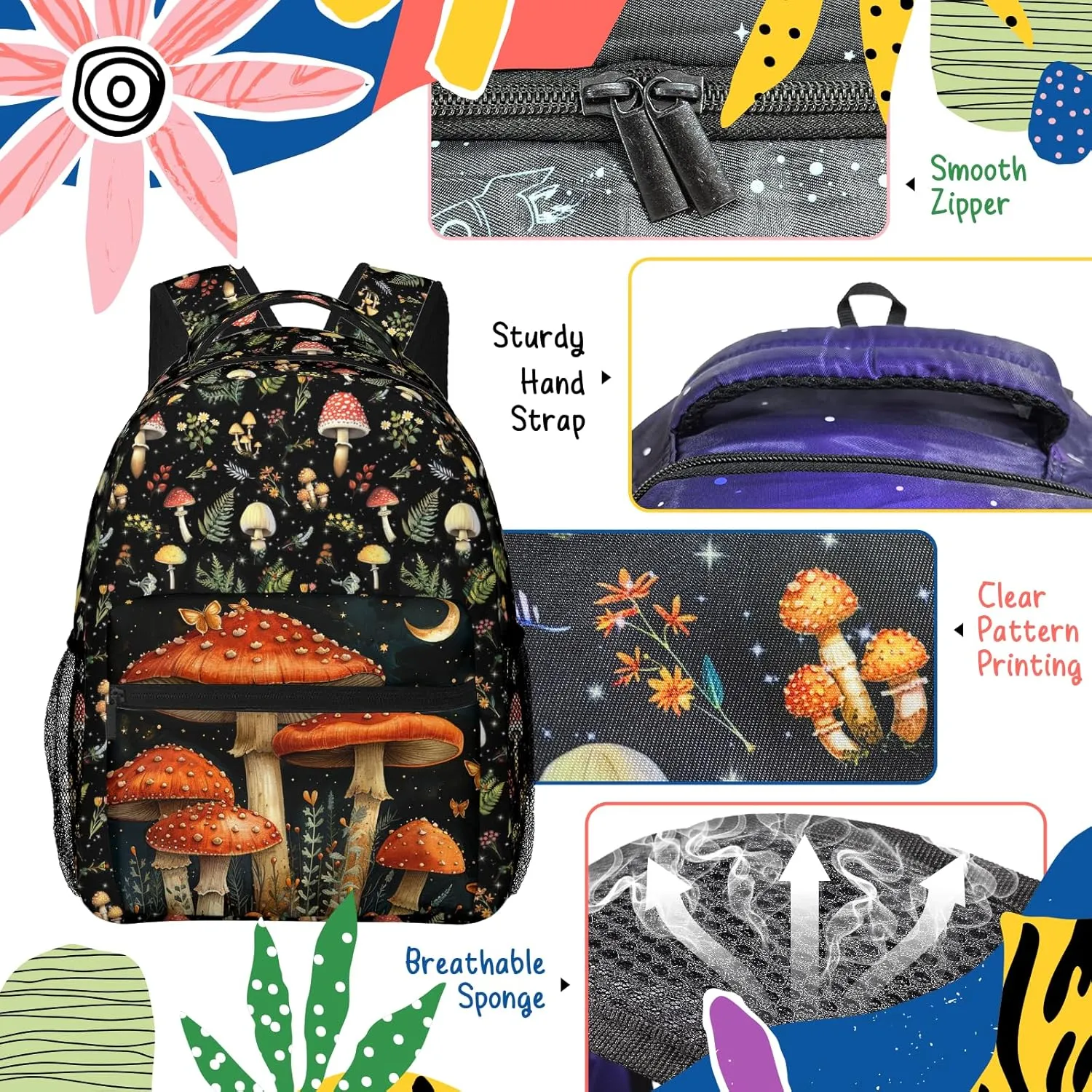 Mushroom Backpack for Boys Girls Bookbags Lightweight Adjustable Elementary Middle High School Bags for Kids Children Teenagers Travel Daypack Laptop Hiking Backpacks
