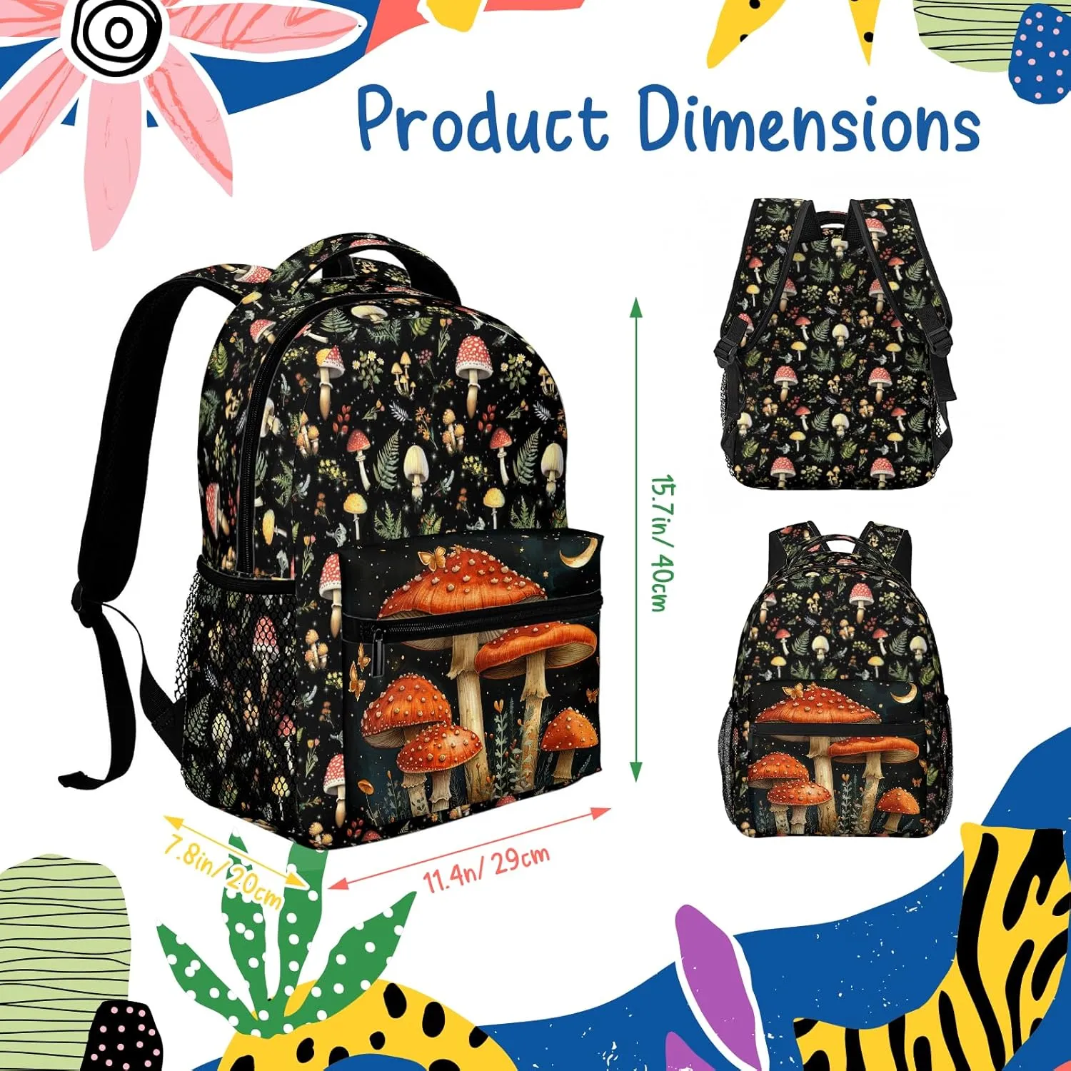 Mushroom Backpack for Boys Girls Bookbags Lightweight Adjustable Elementary Middle High School Bags for Kids Children Teenagers Travel Daypack Laptop Hiking Backpacks